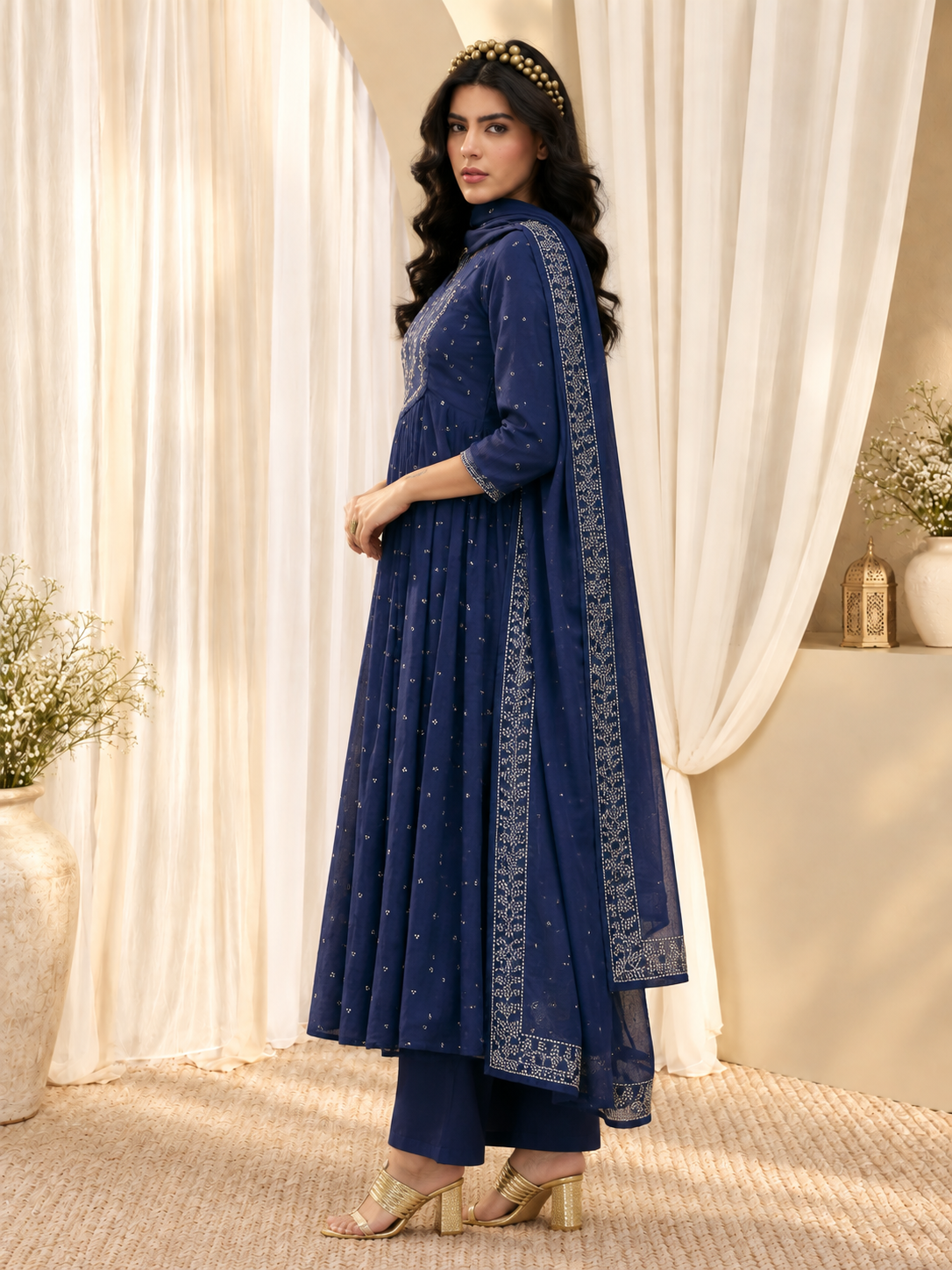Women's Blue Printed Round Neck A-Line Cotton Blend Kurta With Trousers & Dupatta Set