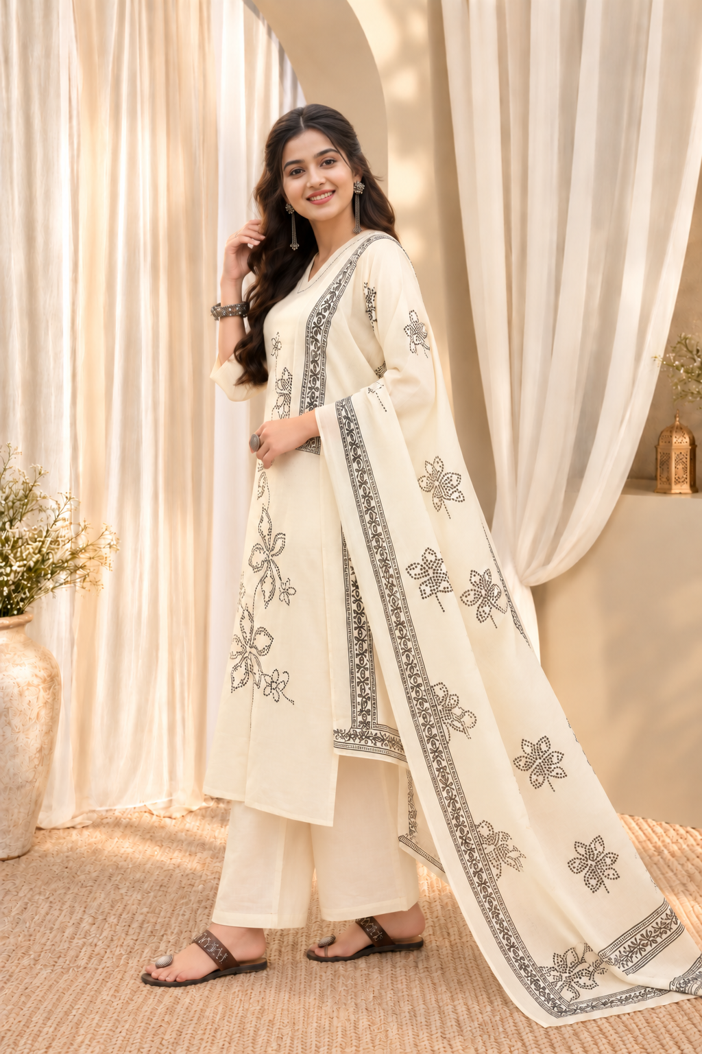 Women's White Cotton Floral Print Kurta & Trousers With Dupatta Set