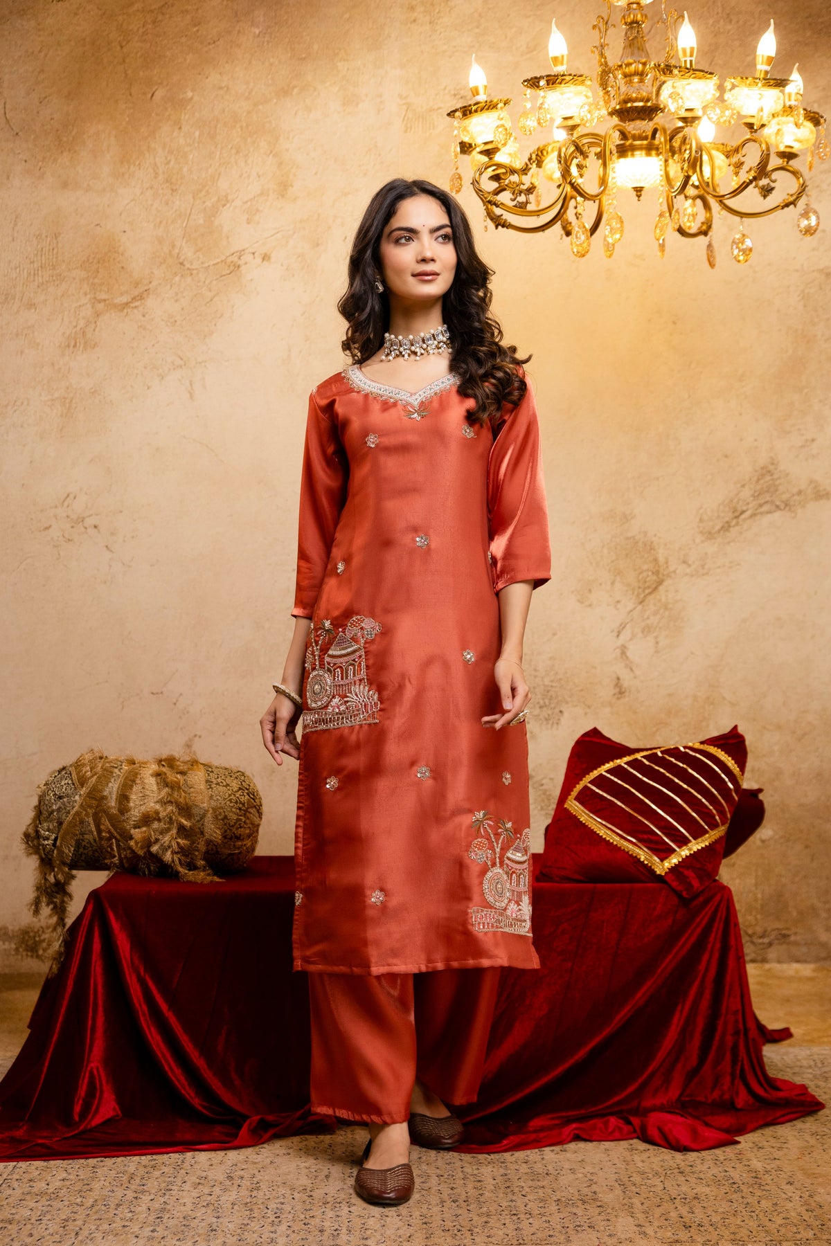 Women's Orange Embroidered Straight V-Neck Kurta & Trousers With Dupatta Set