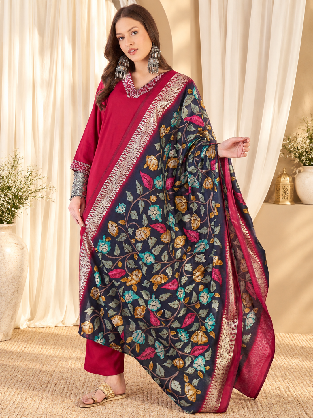 Women's Rani Pink Viscose Rayon Solid Kurta & Trousers With Dupatta Set