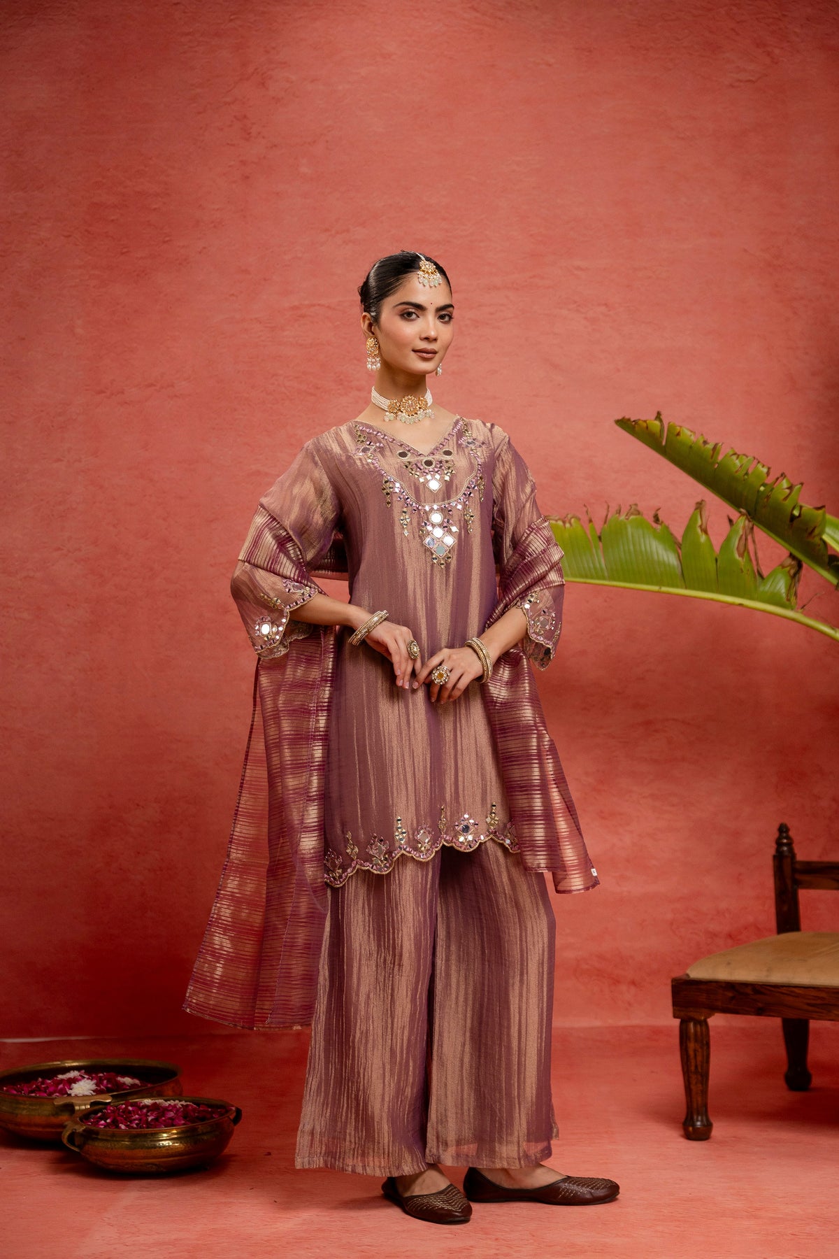 Women's Purple Embroidered Mirror Work Kurta With Palazzo & Dupatta Set