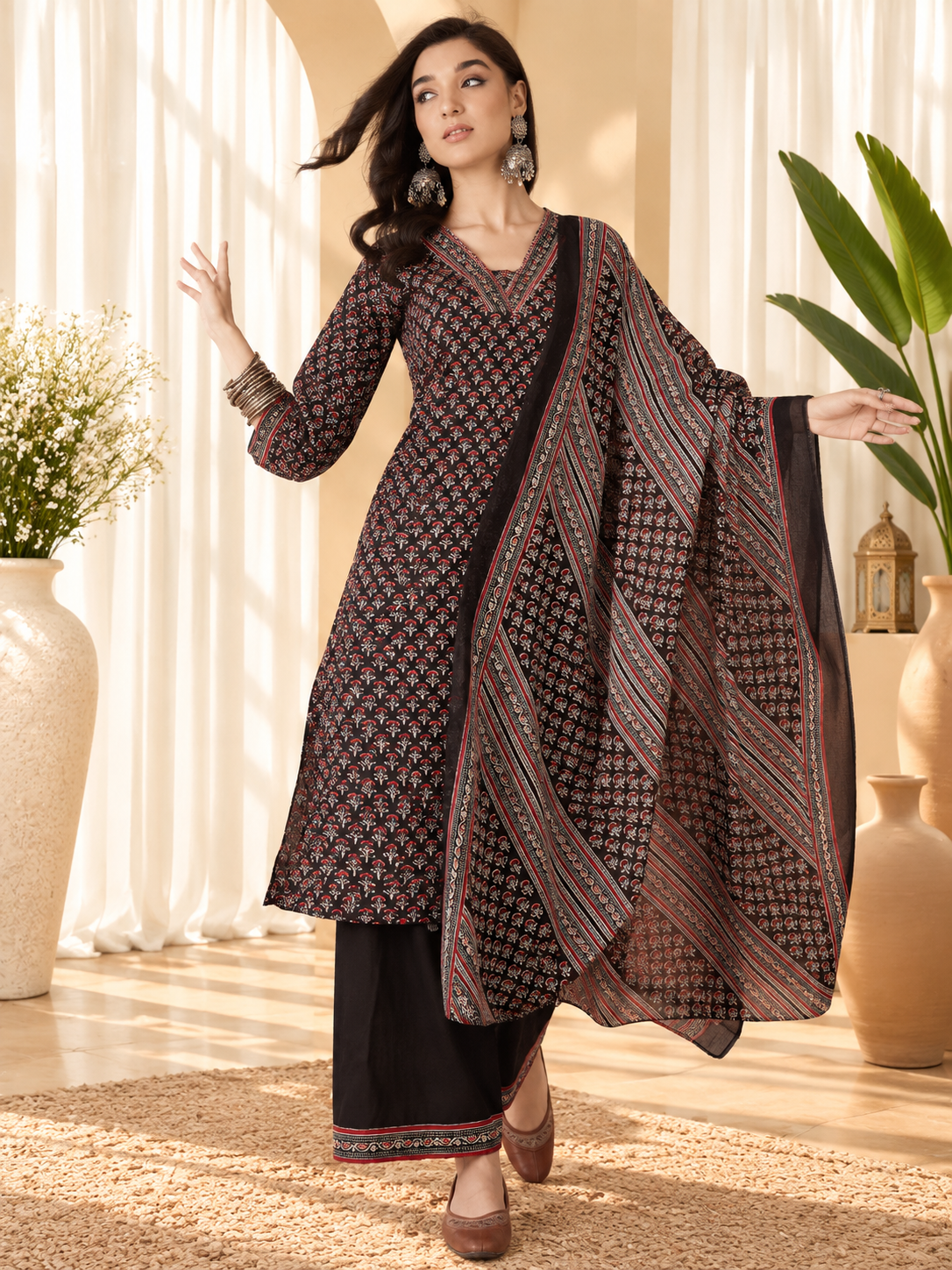 Women's Black Floral Print Sequinned V-Neck Straight Kurta With Trousers & Dupatta Set