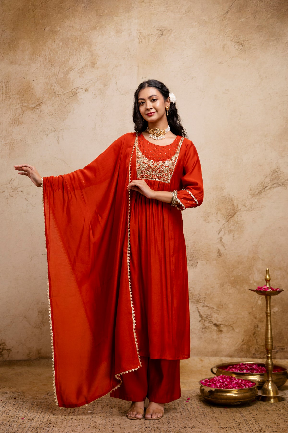 Women's Orange Embroidered Silk Blend Kurta & Palazzo With Dupatta Set