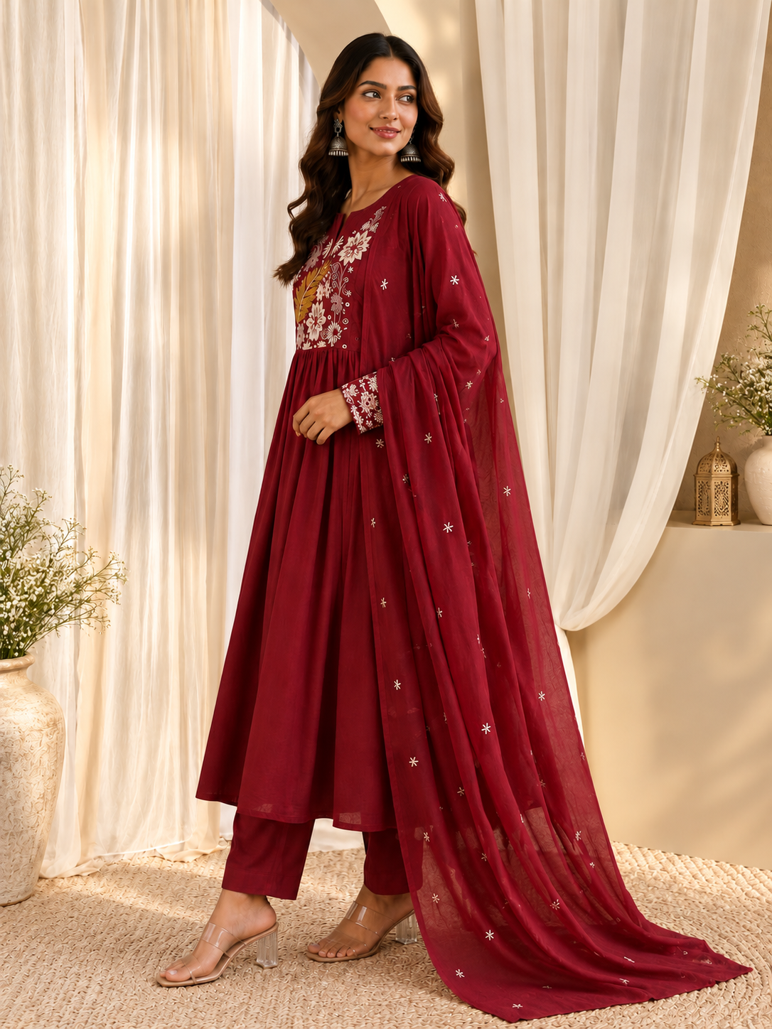 Women's Maroon Red Embroidered Cotton Kurta With Pant & Dupatta Set