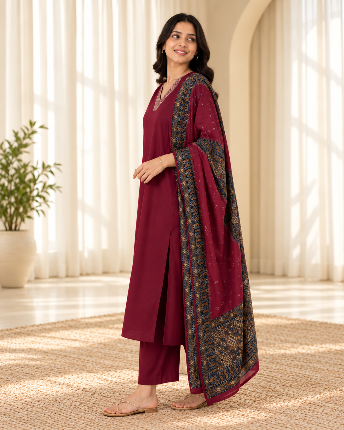 Women's Maroon Straight Kurta & Trouser With Dupatta Set
