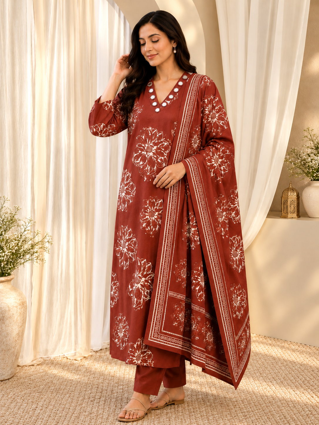 Women's Rust Mirror Work Straight Kurta & Trouser With Dupatta Set