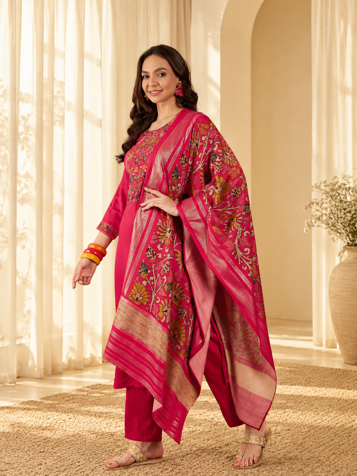Floral Yoke Design Sequinned Straight Kurta &amp; Trousers With Dupatta
