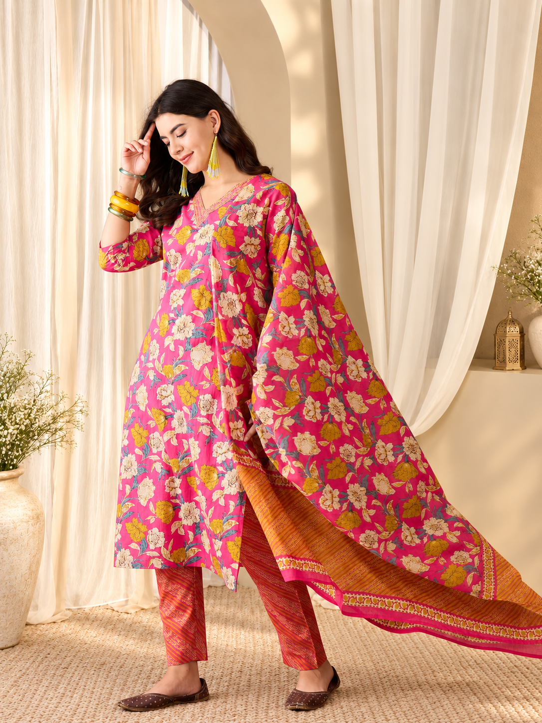 Women's Pink & Yellow Pure Cotton Floral Print Kurta & Trousers With Dupatta Set