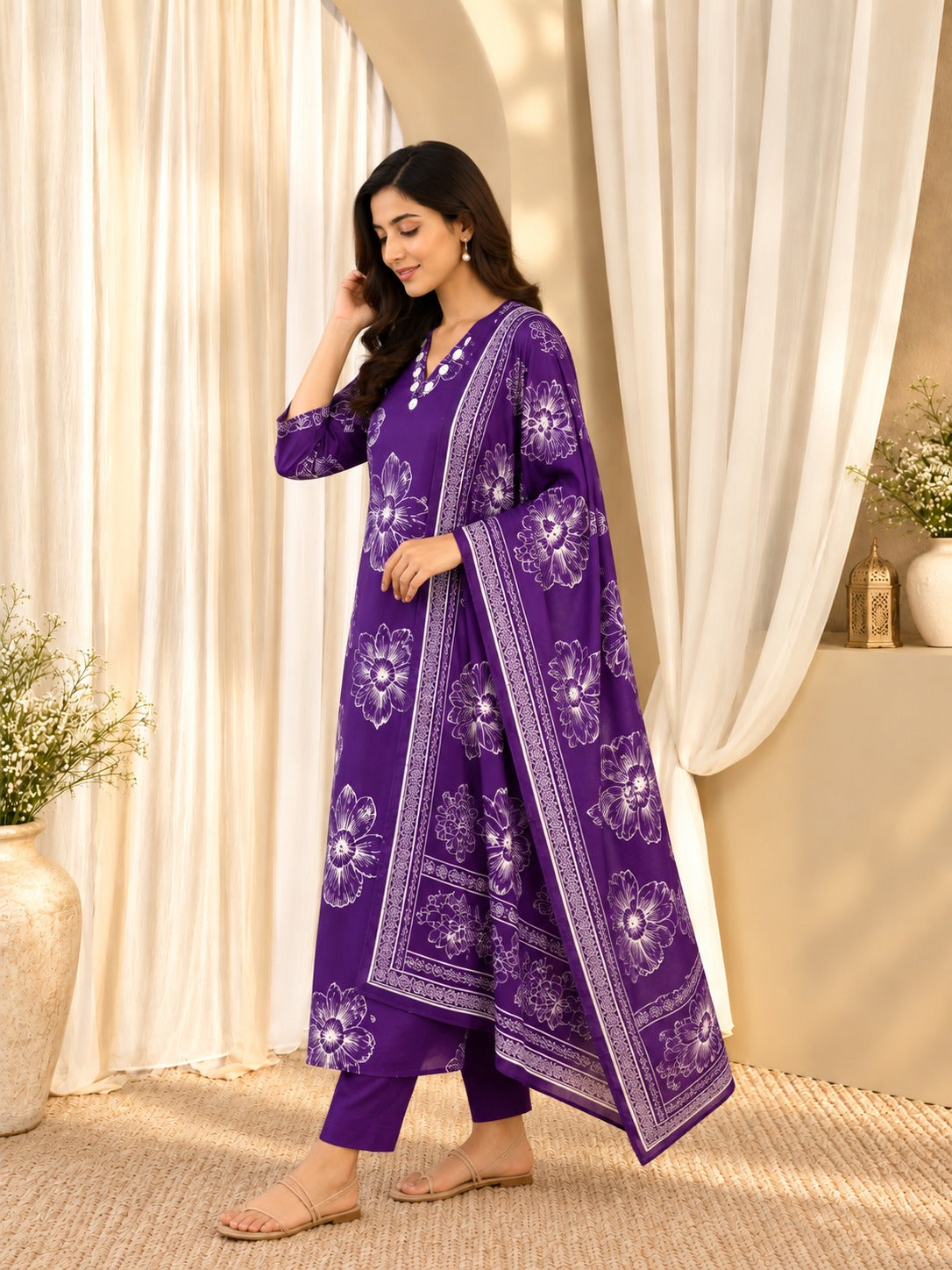 Women's Purple Mirror Work Straight Kurta & Trouser With Dupatta Set