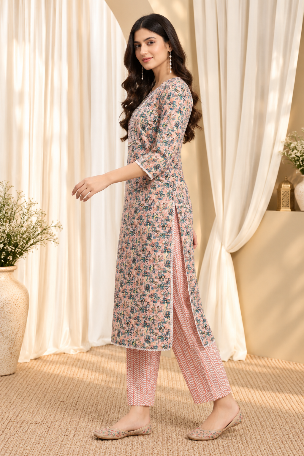 Peach & Blue Floral-Printed Pure-Cotton Straight Kurta With Trouser & Dupatta