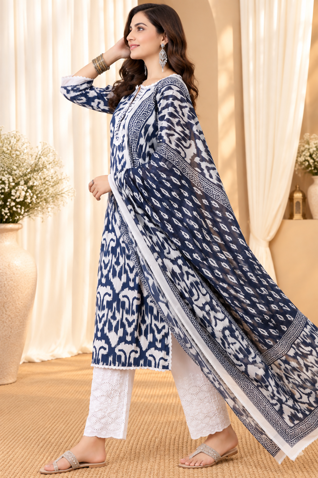 Women's Navy Blue & White Pure Cotton Abstract Print Kurta & Trousers With Dupatta Set