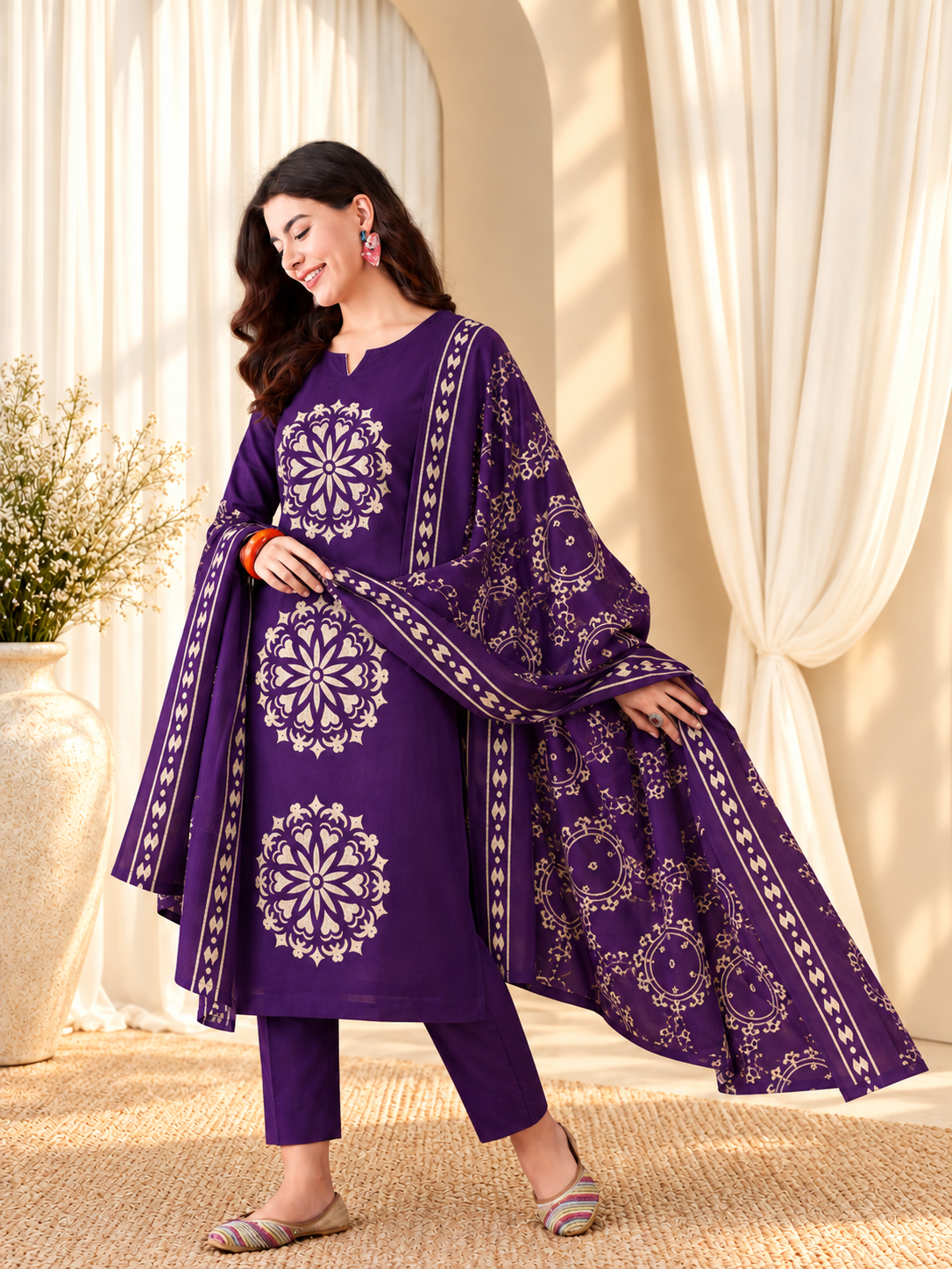 Women's Pure Cotton Floral Print Purple Kurta & Pant With Dupatta Set