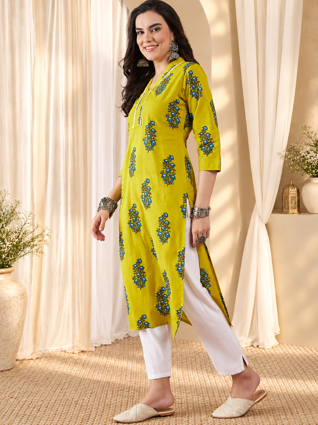 Women's Yellow Floral Printed A-Line Kurta