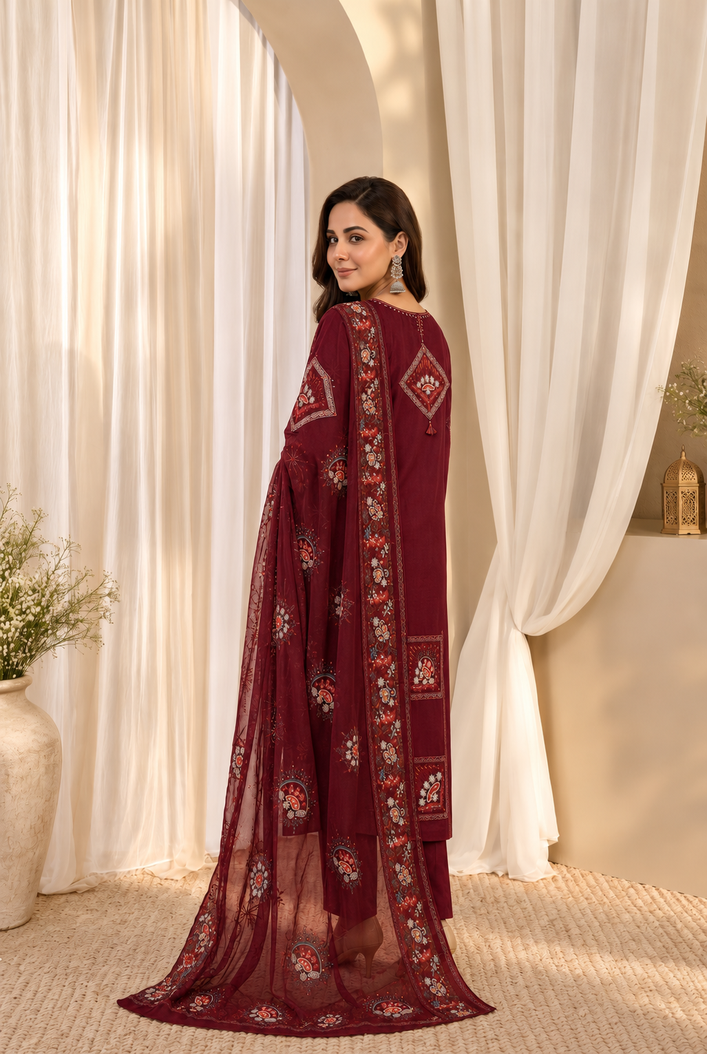 Women's Maroon Mirror Work Straight Round Neck Kurta With Trousers & Dupatta Set