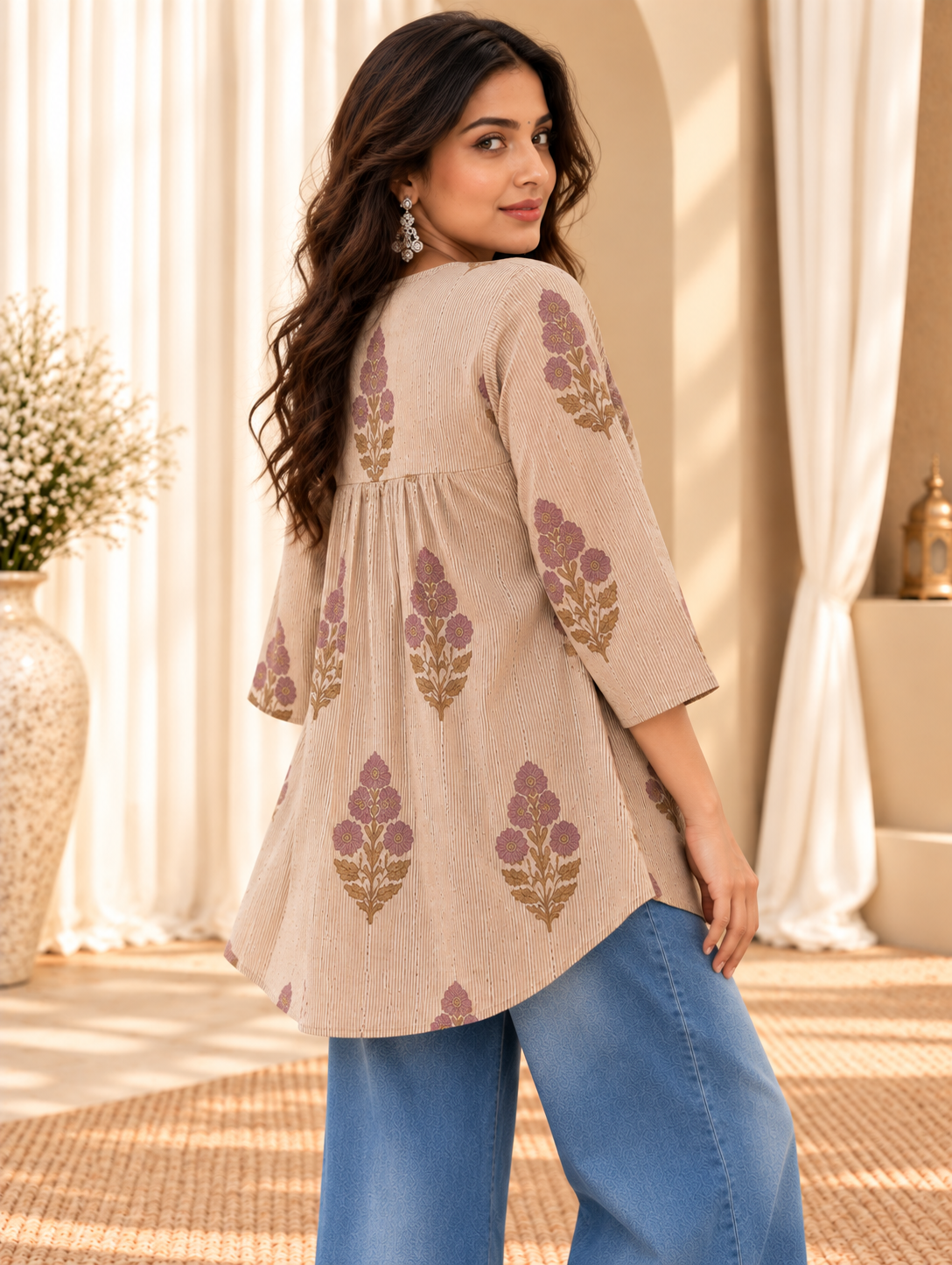 Women's Beige Striped Floral Printed V-Neck Cotton Top