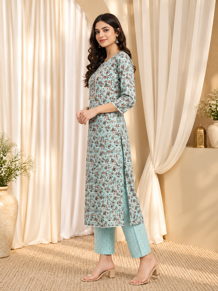 Sea Green &amp; Brown Floral Printed Pure-Cotton Straight Kurta With Trouser &amp; Dupatta