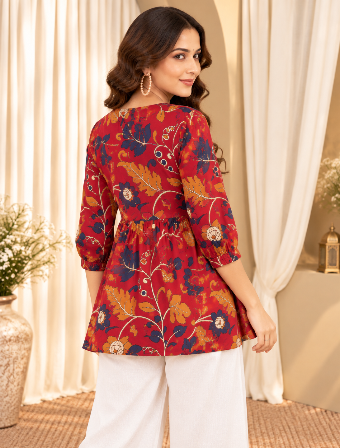 Women's Maroon Floral Printed Flared Top