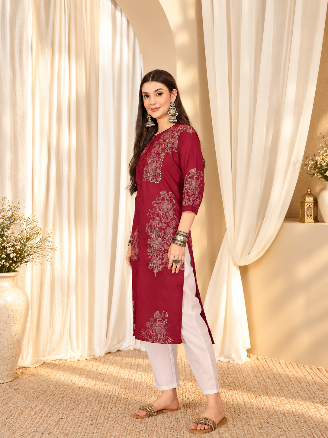 Women's Cotton Floral Print Straight Kurta