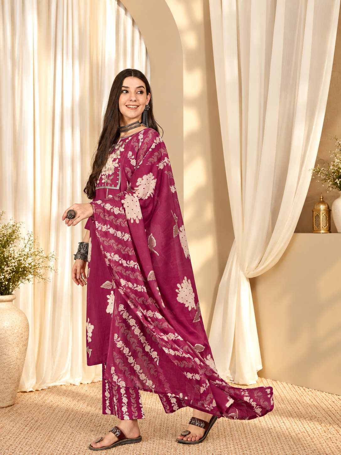 Women's Wine Cotton Floral Print Kurta & Trousers With Dupatta Set