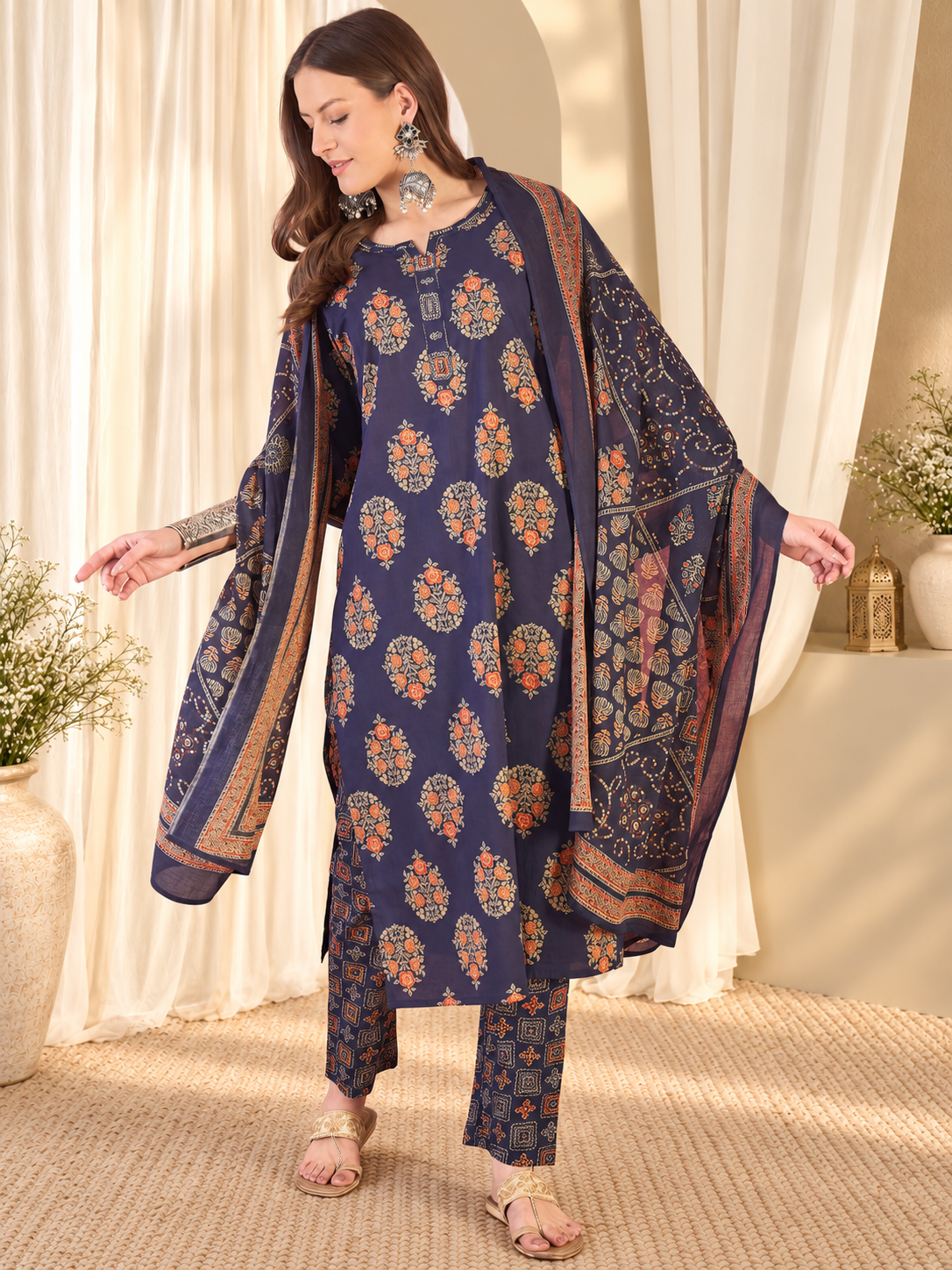 Women's Navy Blue Floral Print Straight Kurta with Trousers & Dupatta Set
