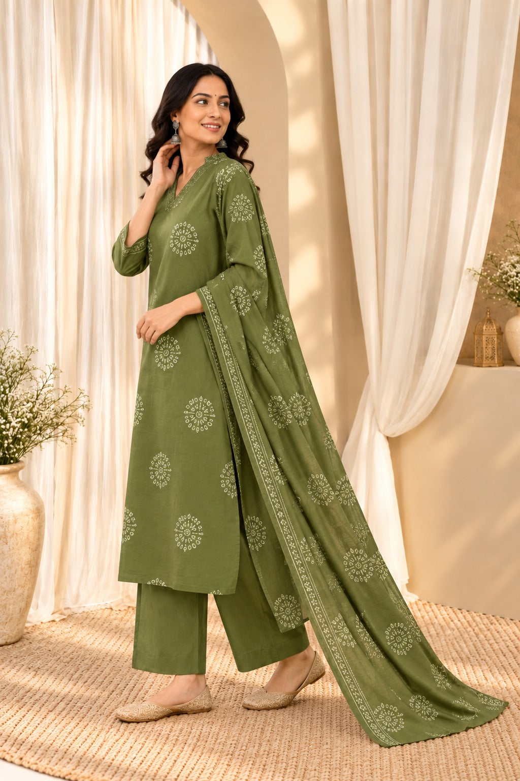 Women's Olive Green Floral Print Cotton Kurta & Trousers With Dupatta Set