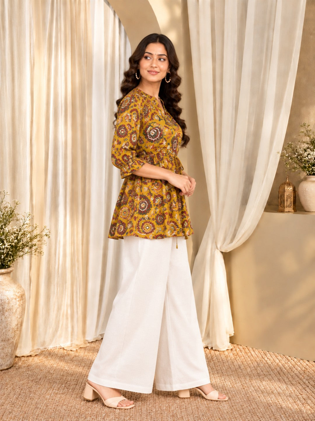Floral Print Mandarin Collar Ethnic Cotton Peplum Top