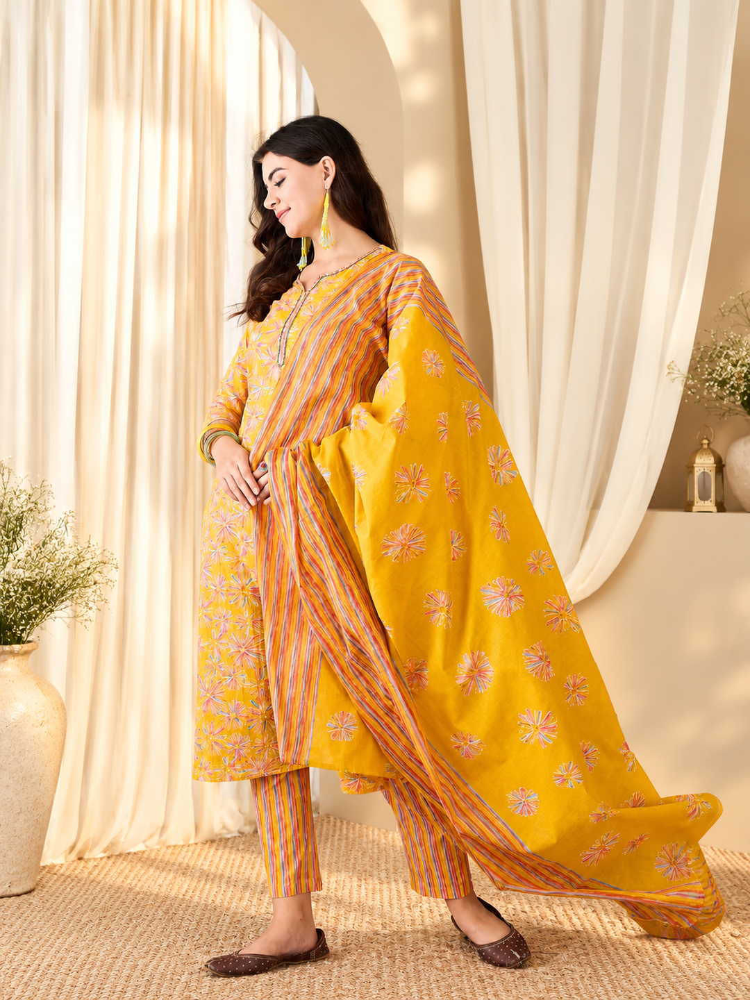 Floral Printed Sequinned V-Neck Straight Kurta &amp; Trouser With Dupatta