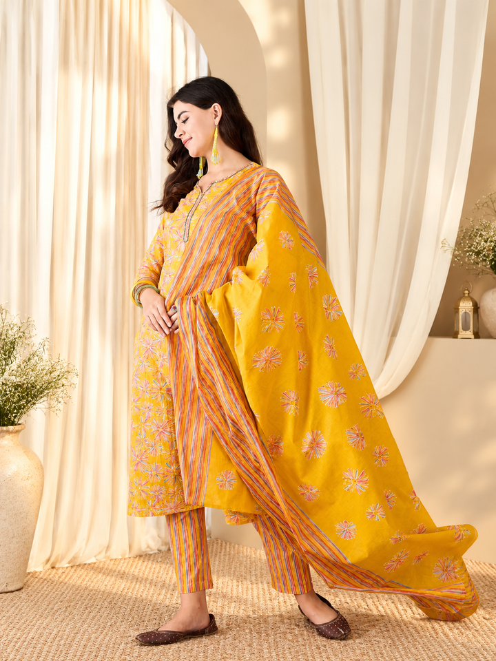 Floral Printed Sequinned V-Neck Straight Kurta &amp; Trouser With Dupatta