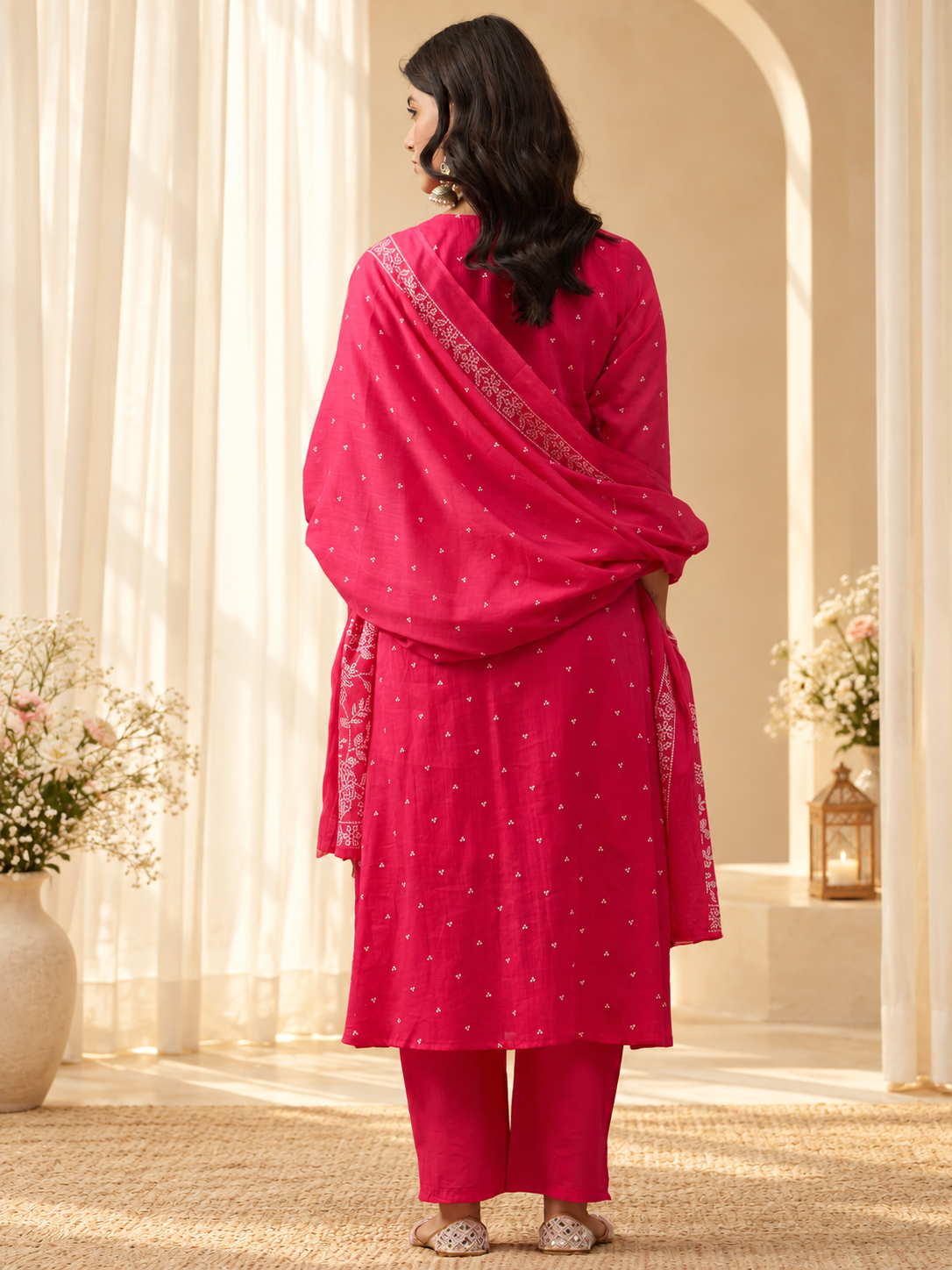 Women's Pink Printed Round Neck A-Line Kurta With Trousers & Dupatta Set