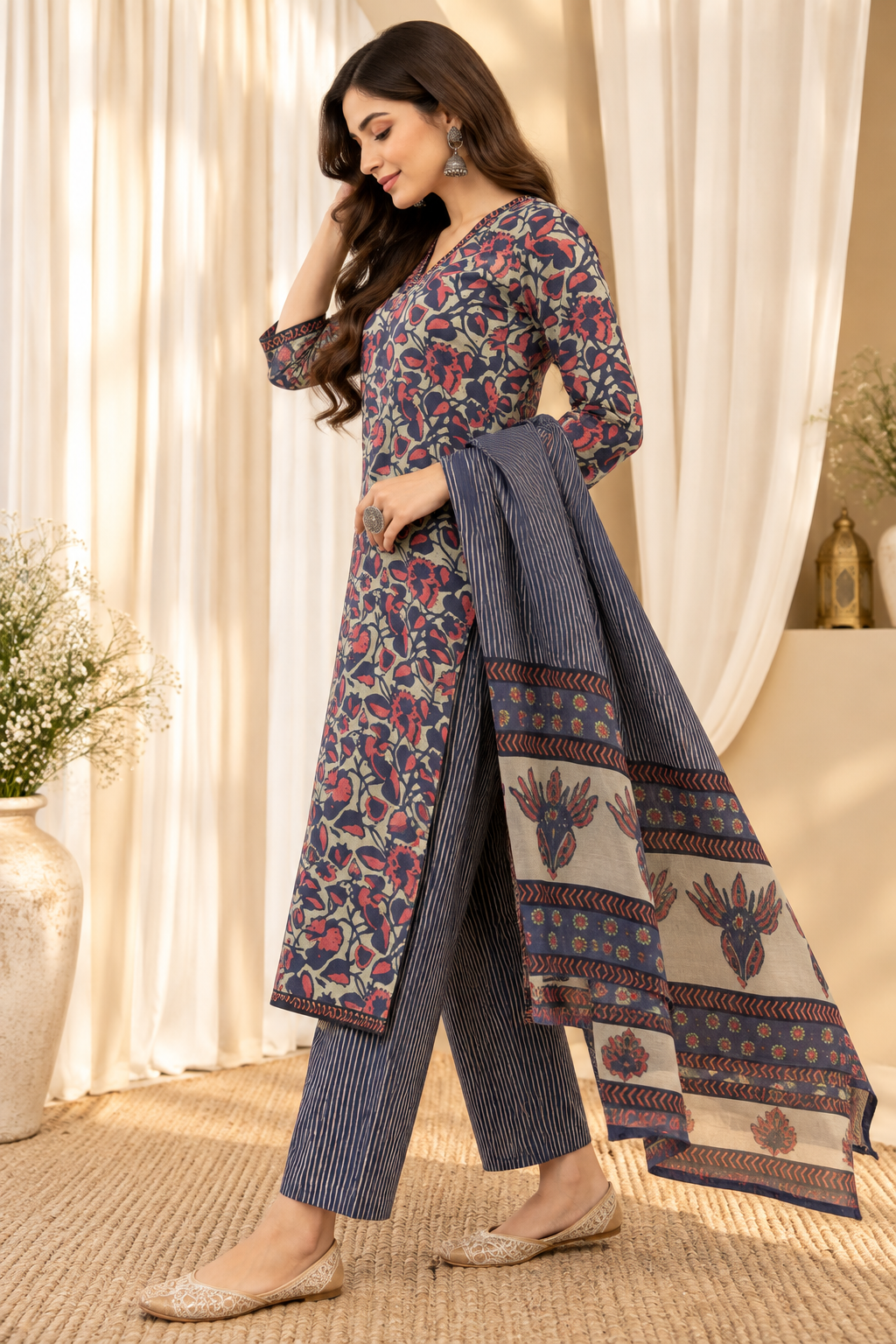 Women's Navy Blue & Pink Cotton Floral Print Kurta & Trousers With Dupatta Set