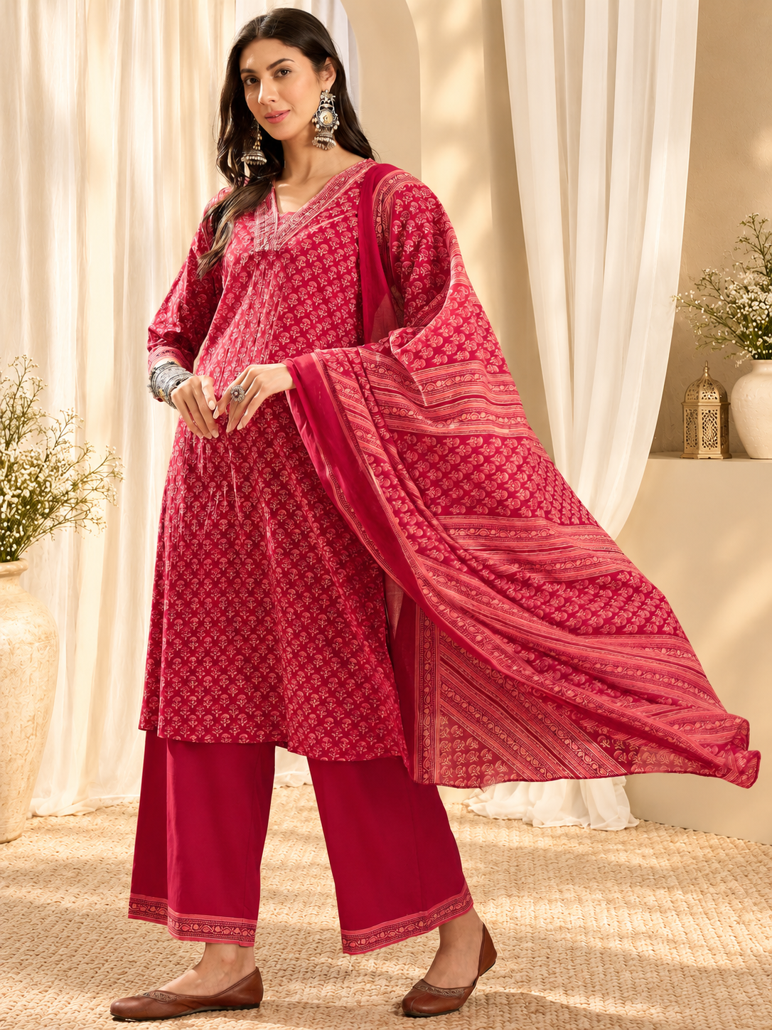 Women's Red Floral Print Straight Kurta With Trousers & Dupatta Set