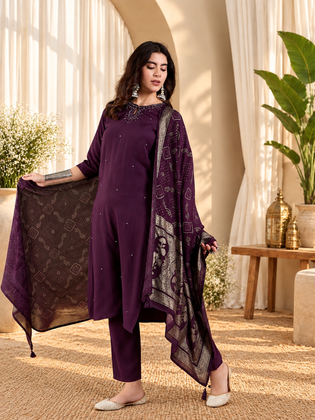 Women's Purple Crepe Self-Design Kurta & Trousers With Dupatta Set
