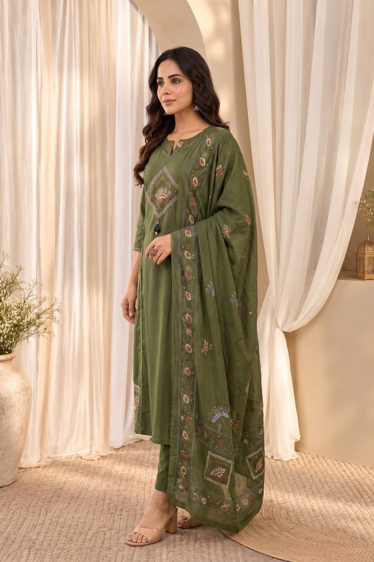 Women's Olive Green Mirror Work Straight Round Neck Kurta With Trousers & Dupatta Set