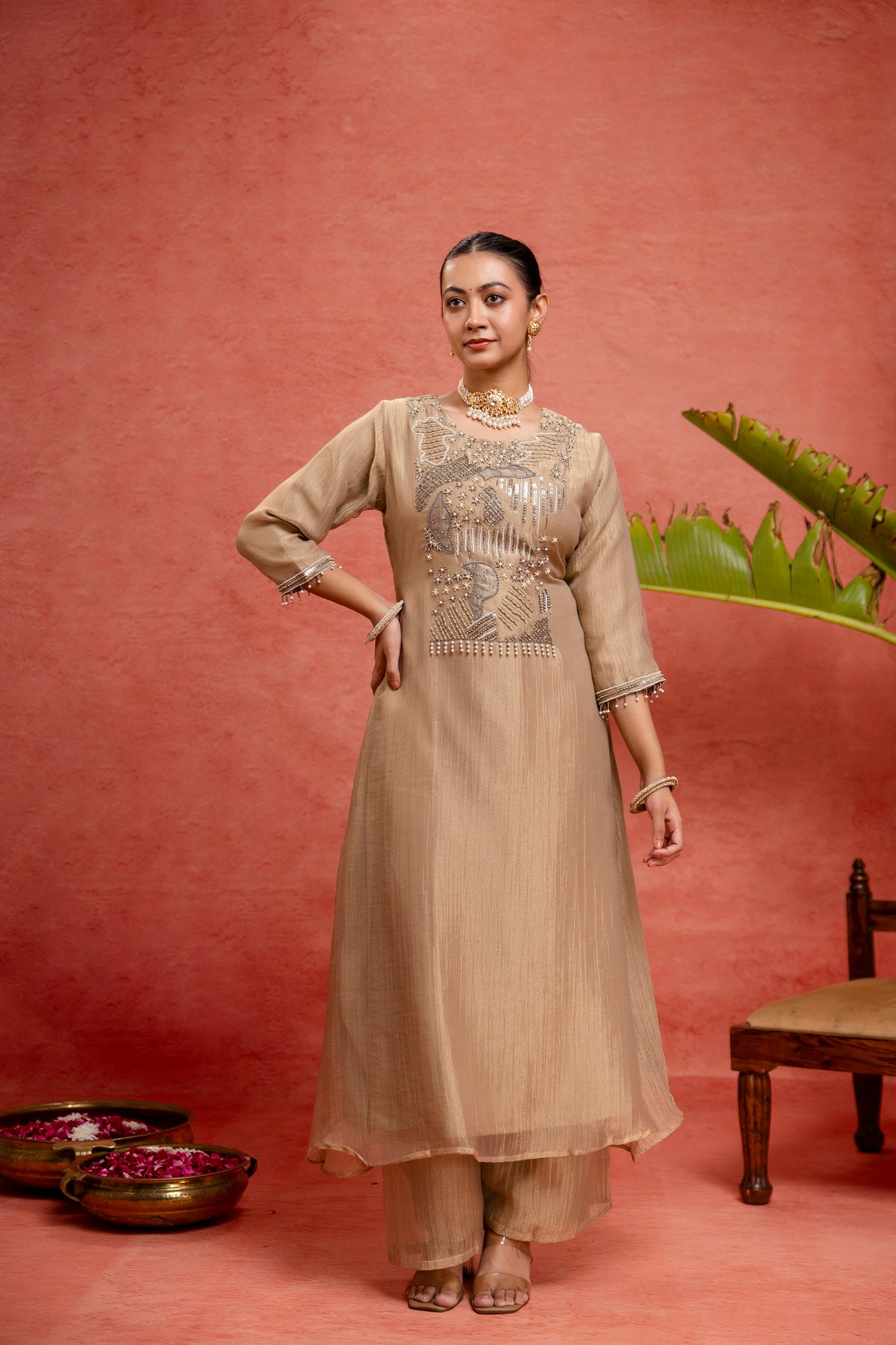 Women's Beige Embroidered Kurta & Trousers With Dupatta Set