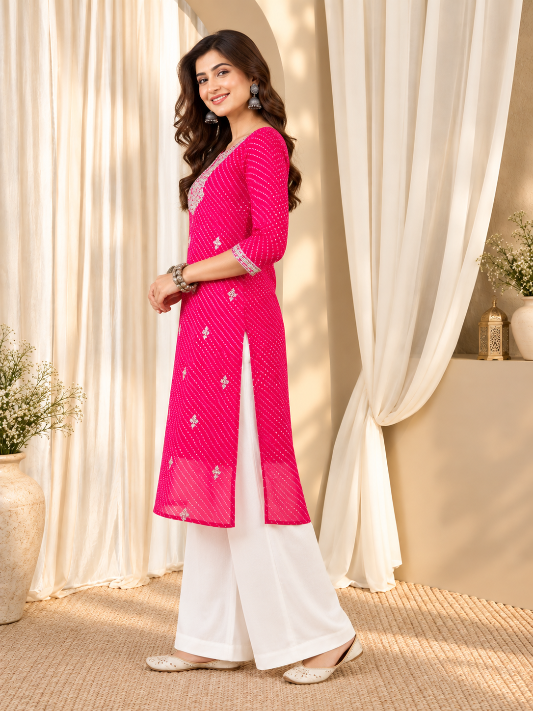 Women Pink & White Embroidered Straight Kurta