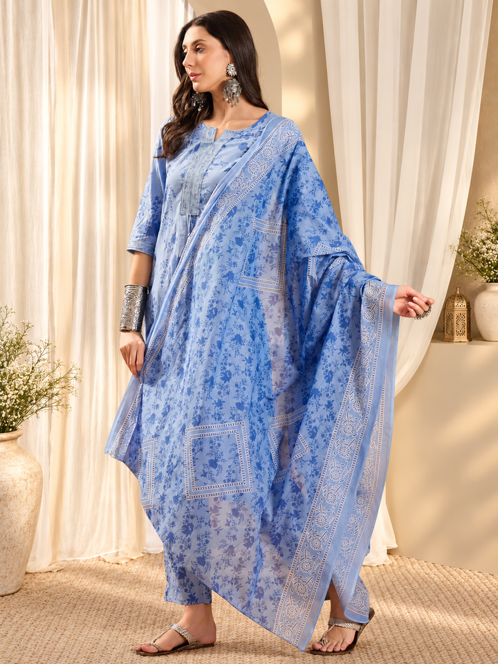 Floral Printed Notch Neck Pure Cotton Straight Kurta With Trousers &amp; Dupatta