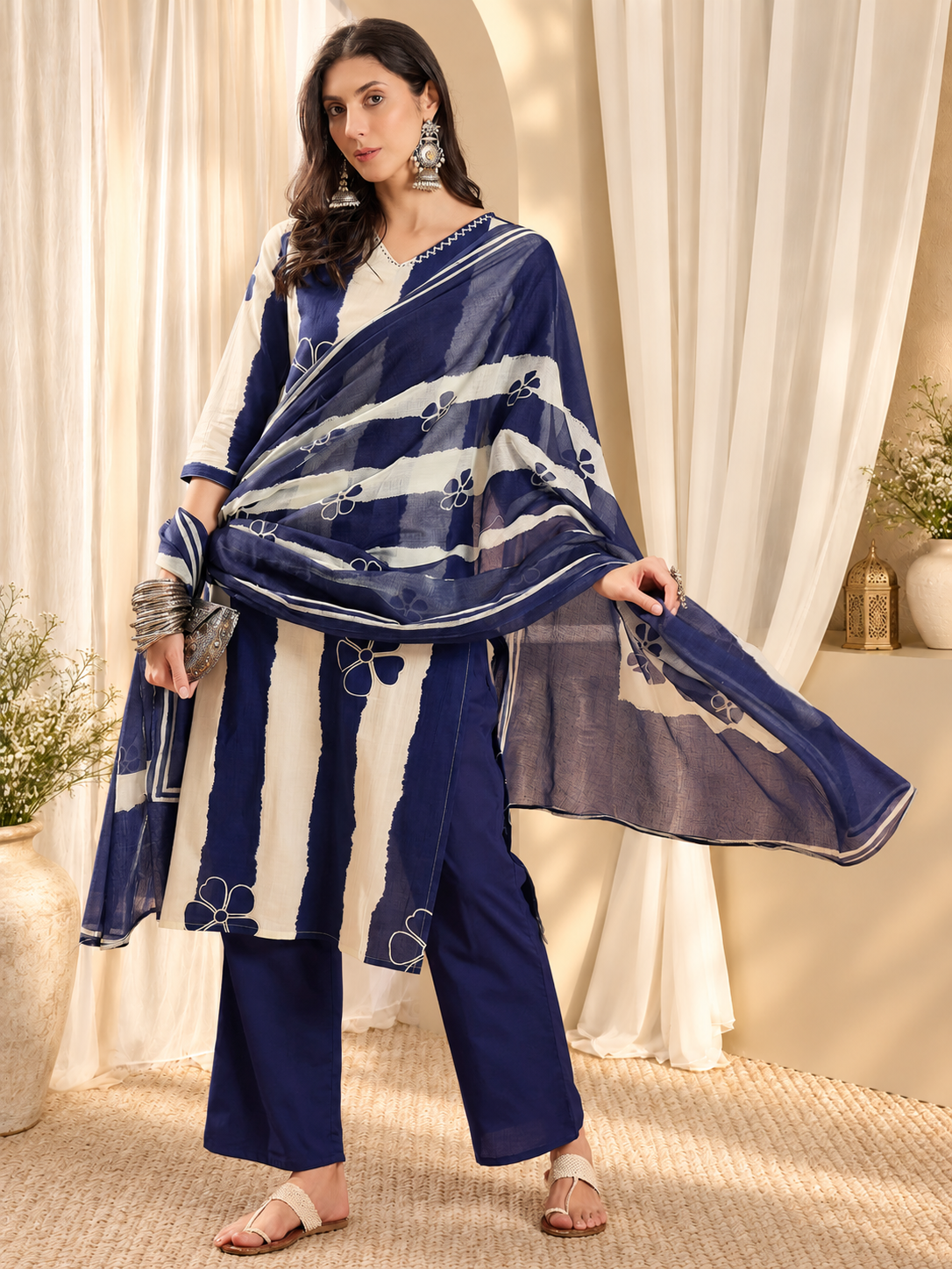 Women's Navy Blue & White Striped Pure Cotton Straight Kurta & Trousers With Printed Dupatta Set