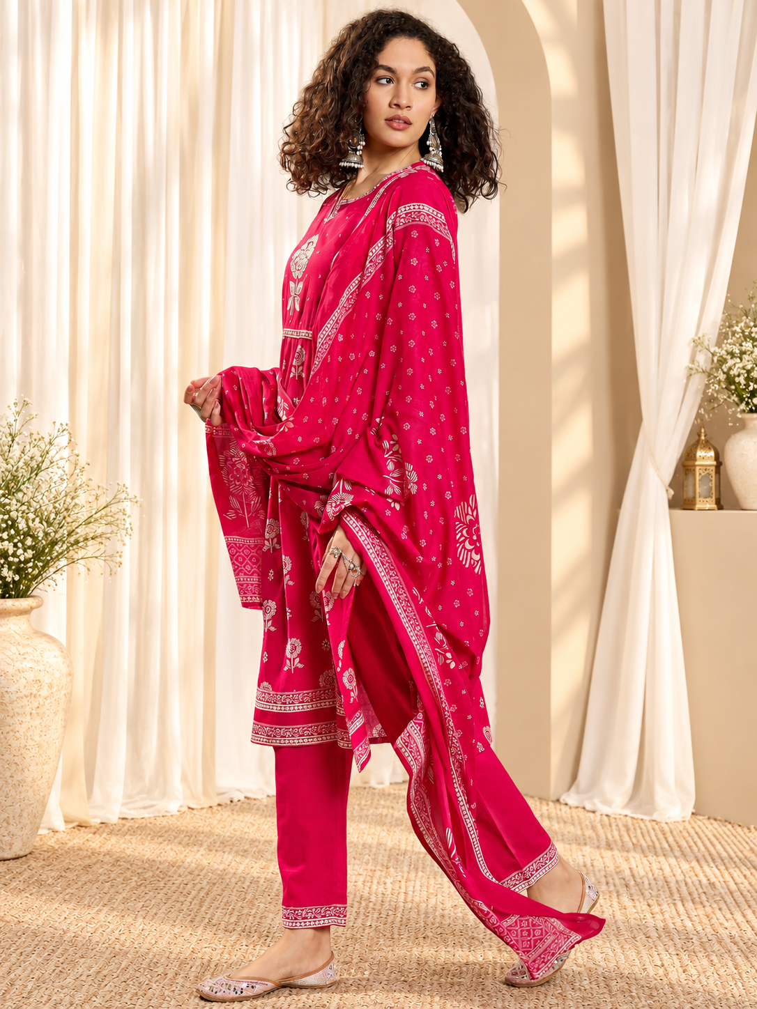 Women's Pink Printed Round Neck Straight Kurta With Trousers & Dupatta Set