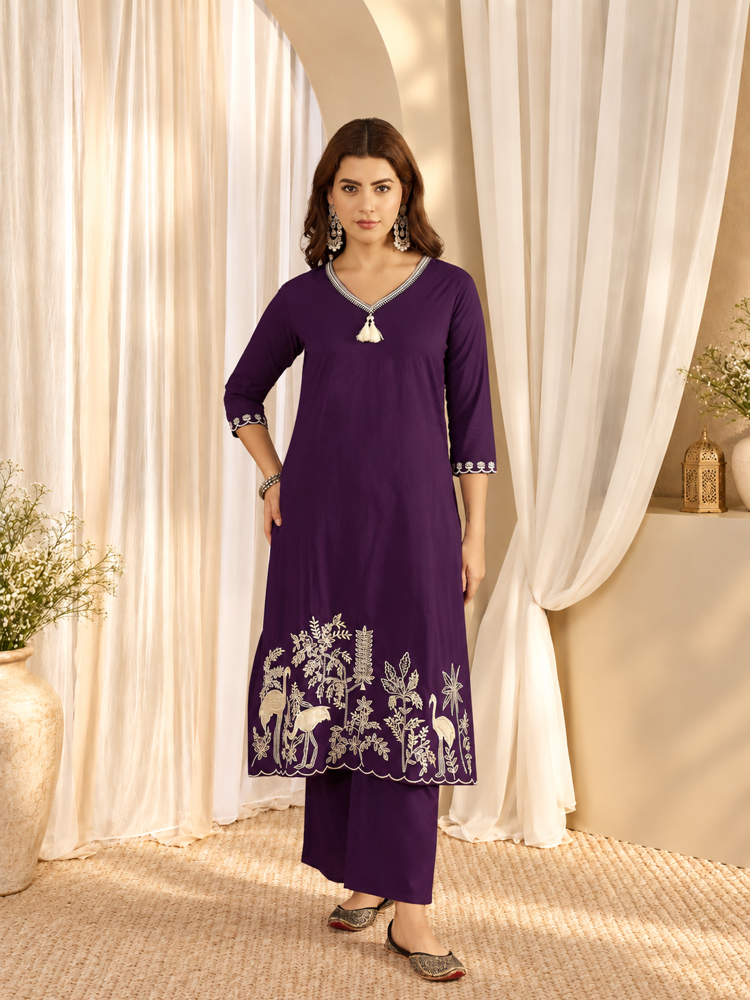 Women's Dark Purple Thread Work Kurta with Trousers & Dupatta Set