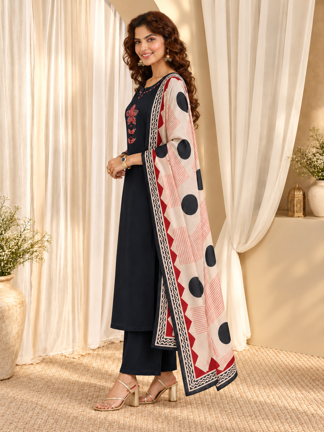 Women's Pure Cotton Ethnic Print Black Kurta & Pant With Dupatta Set
