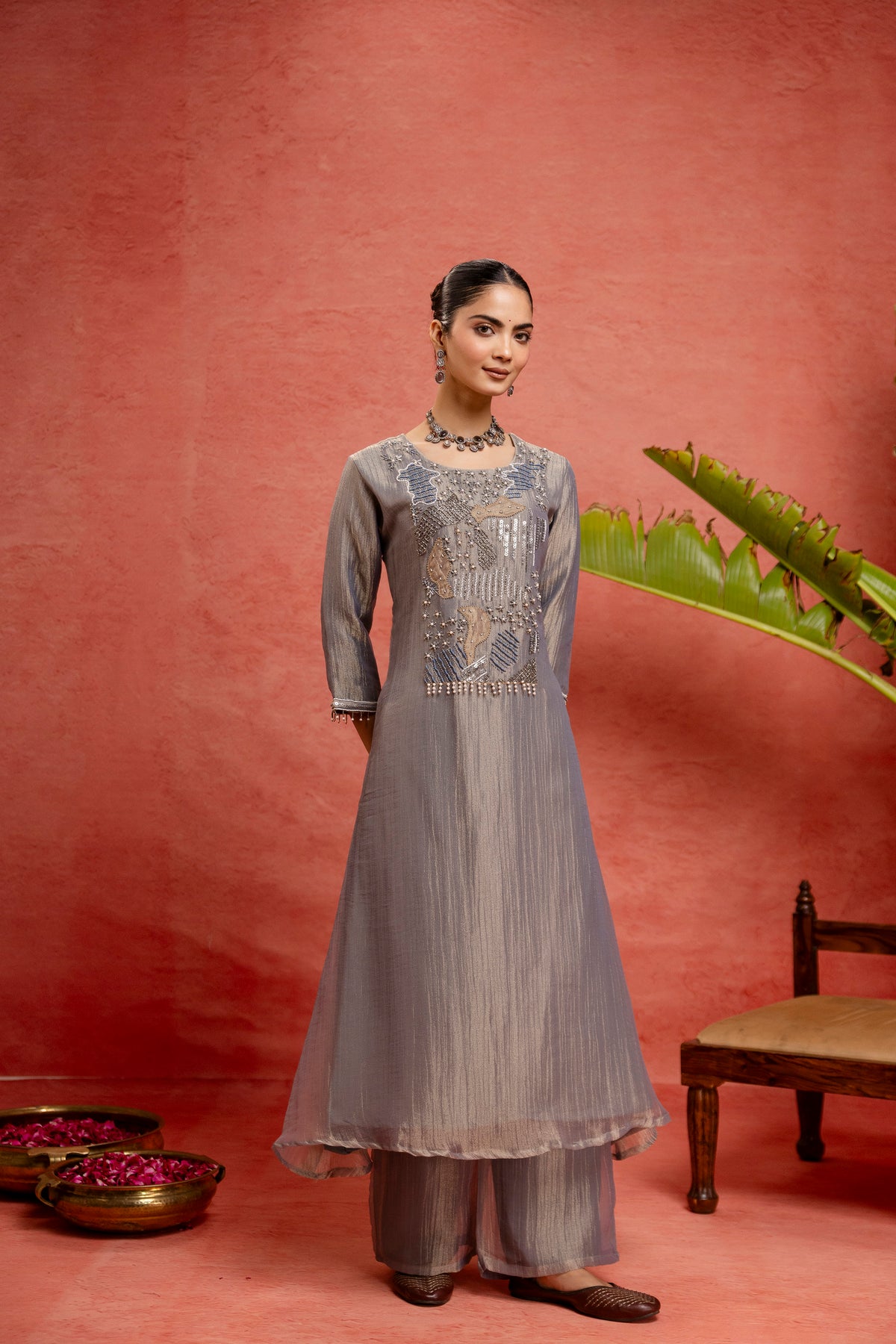 Women's Grey Embroidered Kurta & Trousers With Dupatta Set