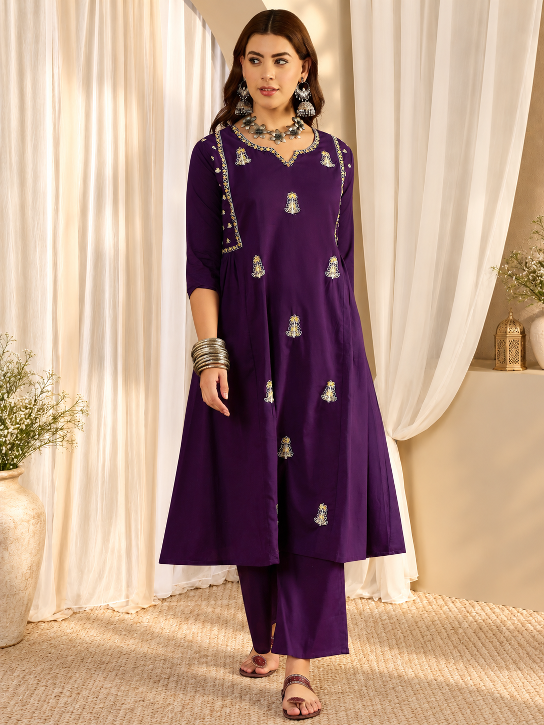 Women's Dark Purple Thread Work A-Line Kurta with Trousers & Dupatta Set