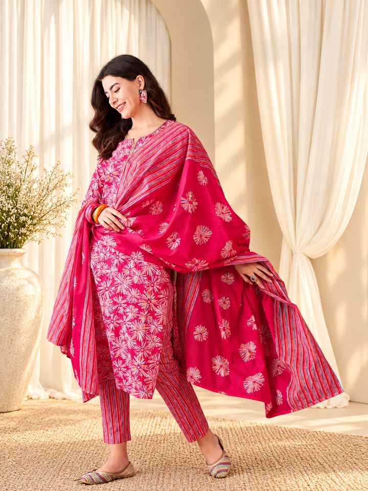 Floral Printed Sequinned Straight Kurta &amp; Trouser With Dupatta