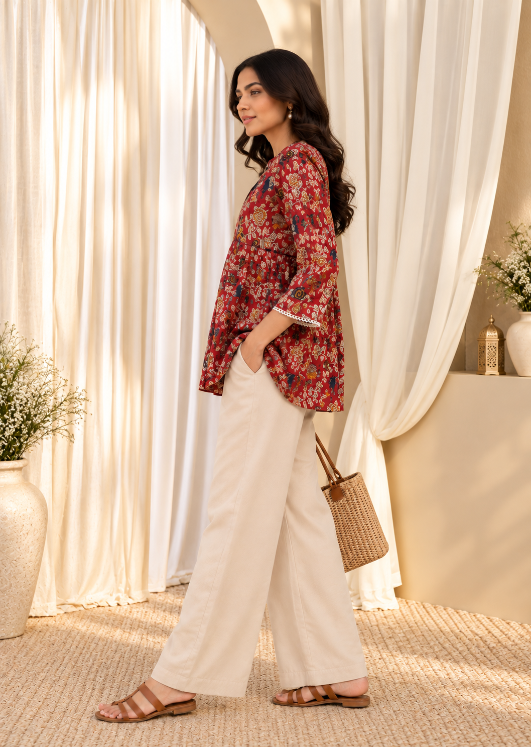 Red Floral Print Mandarin Collar Cotton Top