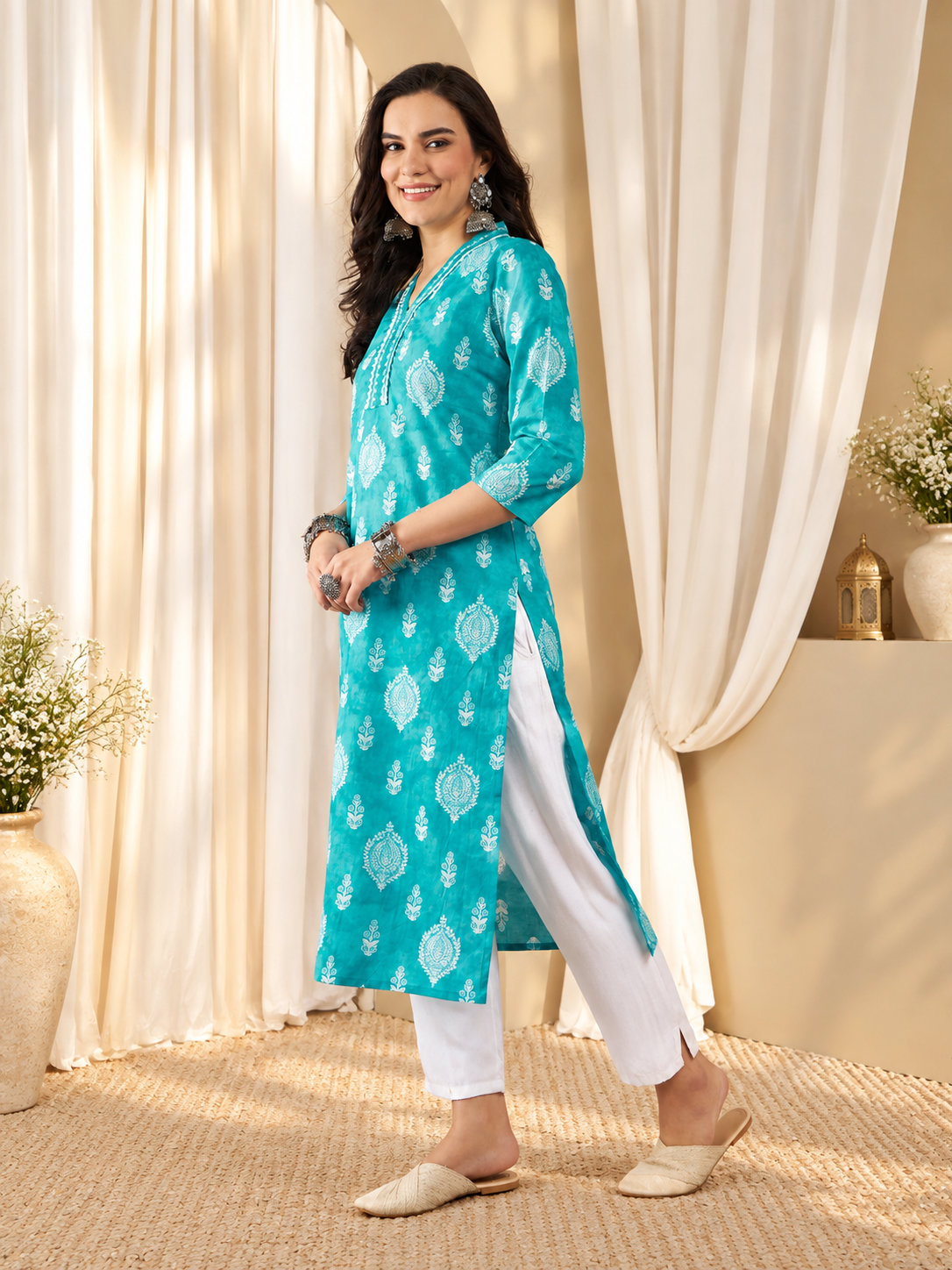 Women's Blue Floral Printed A-Line Kurta