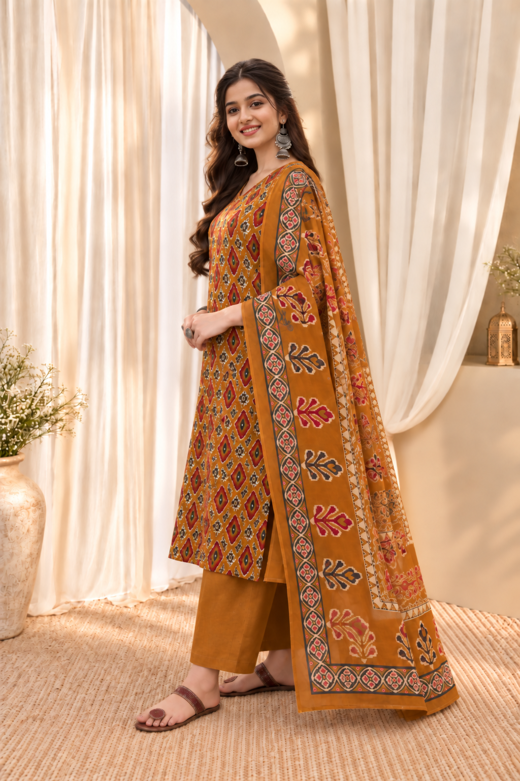 Women's Mustard Pure Cotton V Neck Kurta & Pant With Dupatta Set