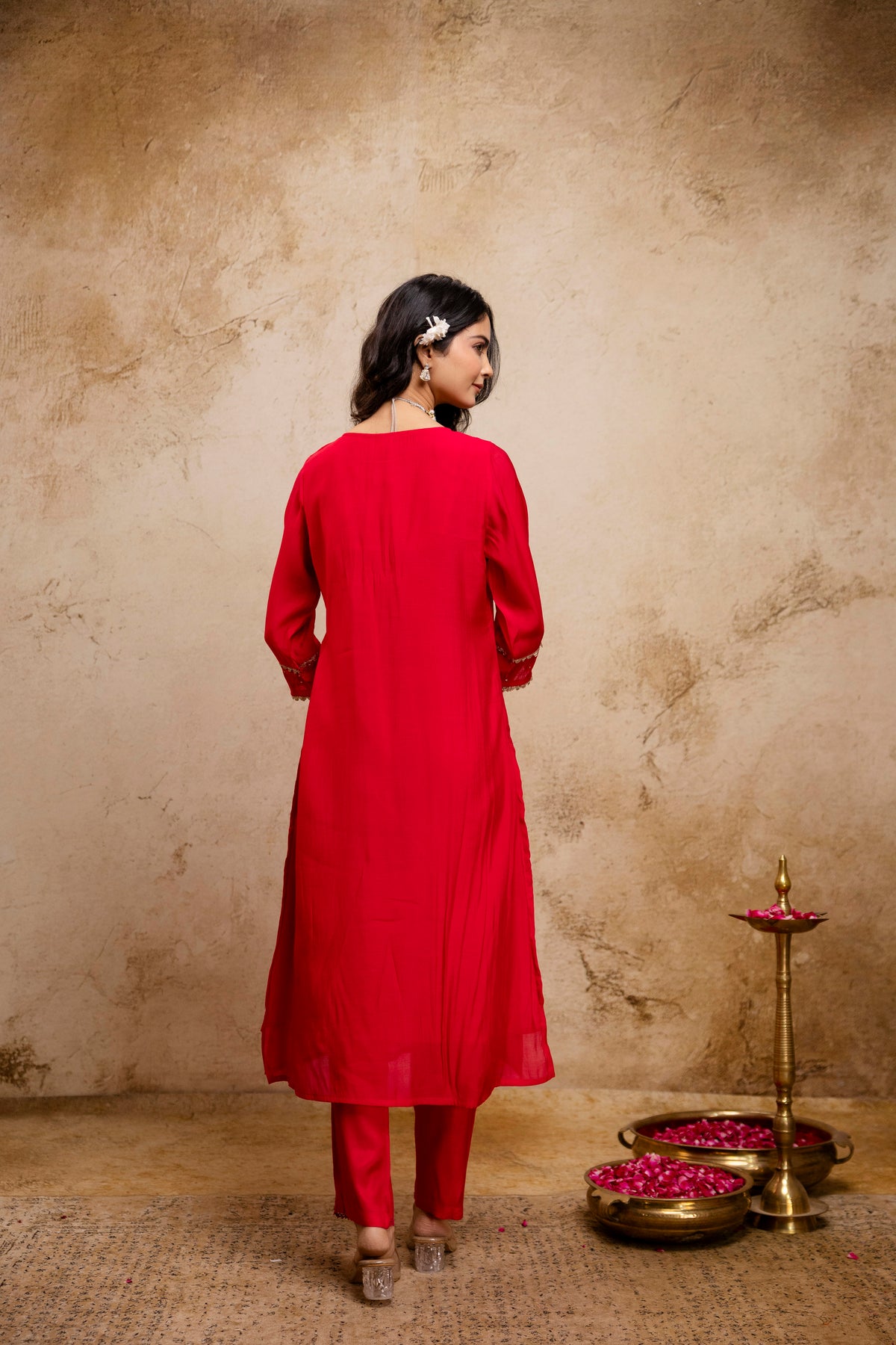 Women's Rani Pink Embroidered Silk Blend Kurta & Palazzo With Dupatta Set