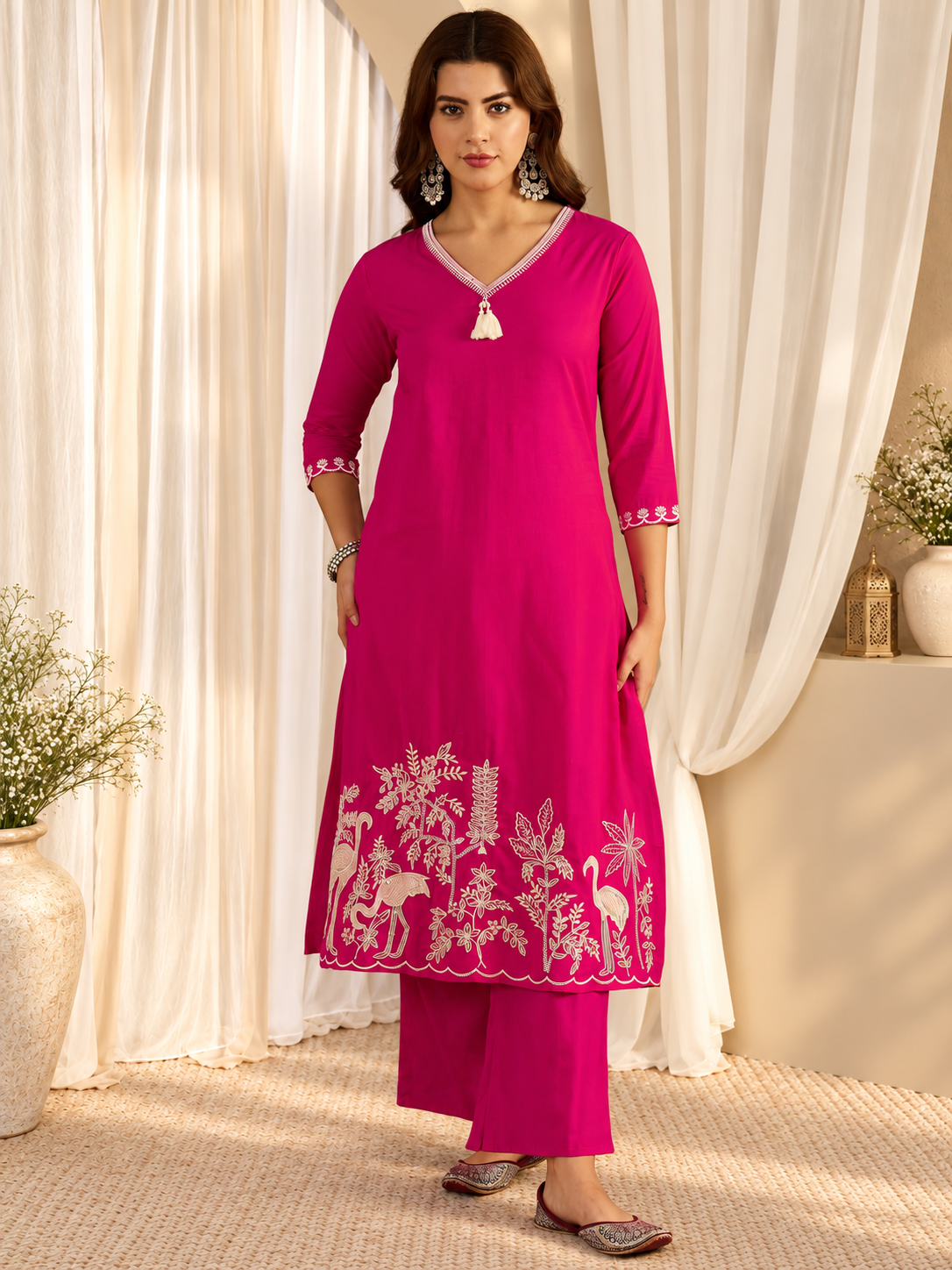 Women's Pink Thread Work Kurta with Trousers & Dupatta Set