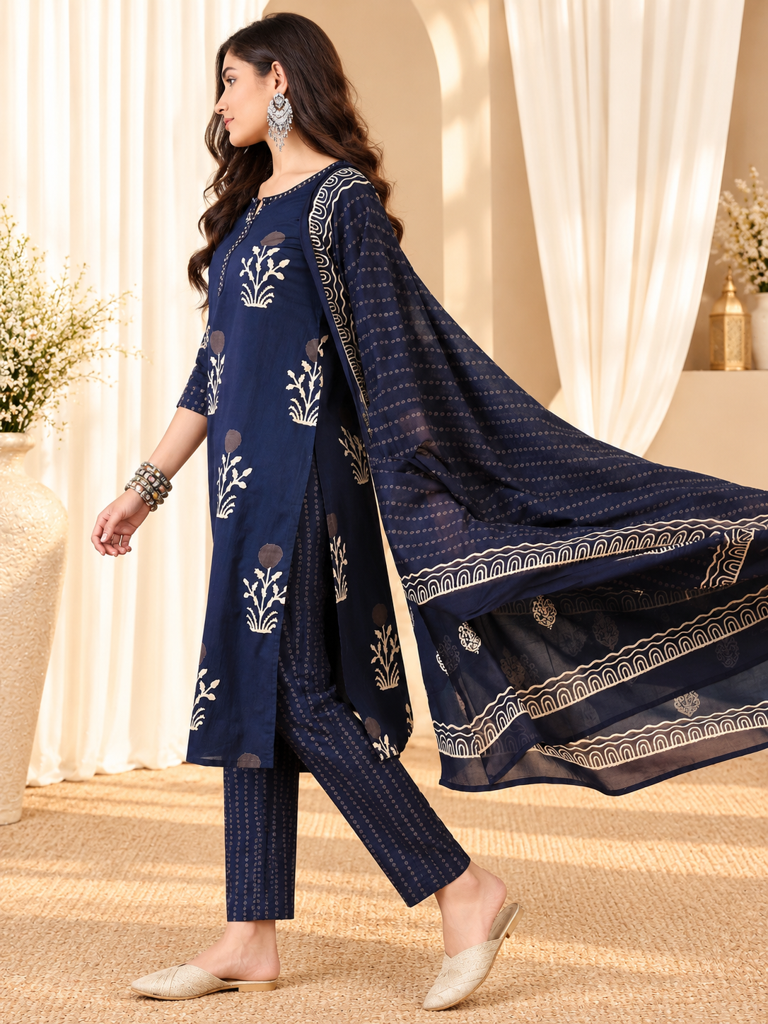 Women's Navy Blue Floral Print Straight Kurta With Trousers & Dupatta Set