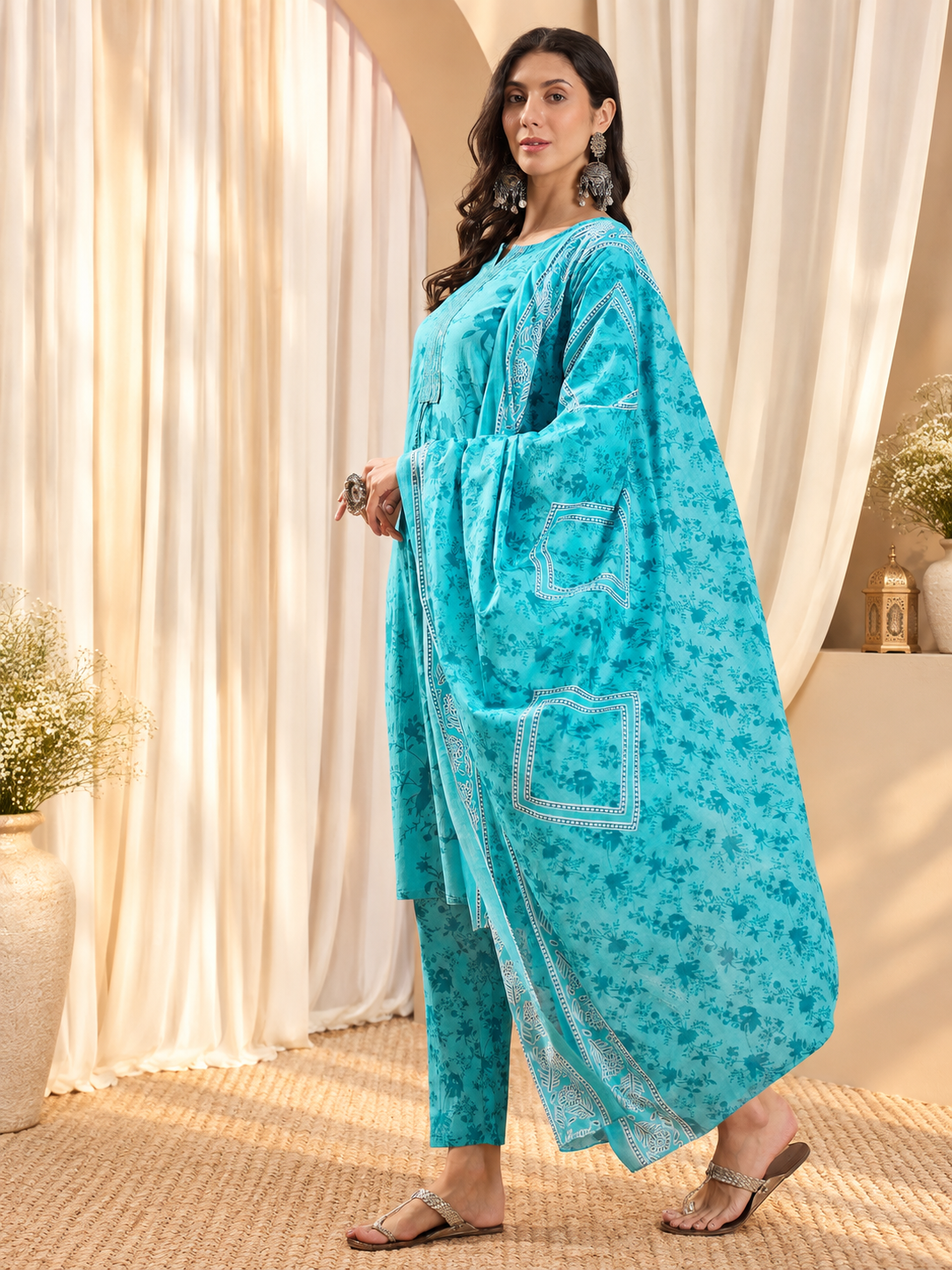 Women Floral Printed Cotton Kurta with Trousers & Dupatta